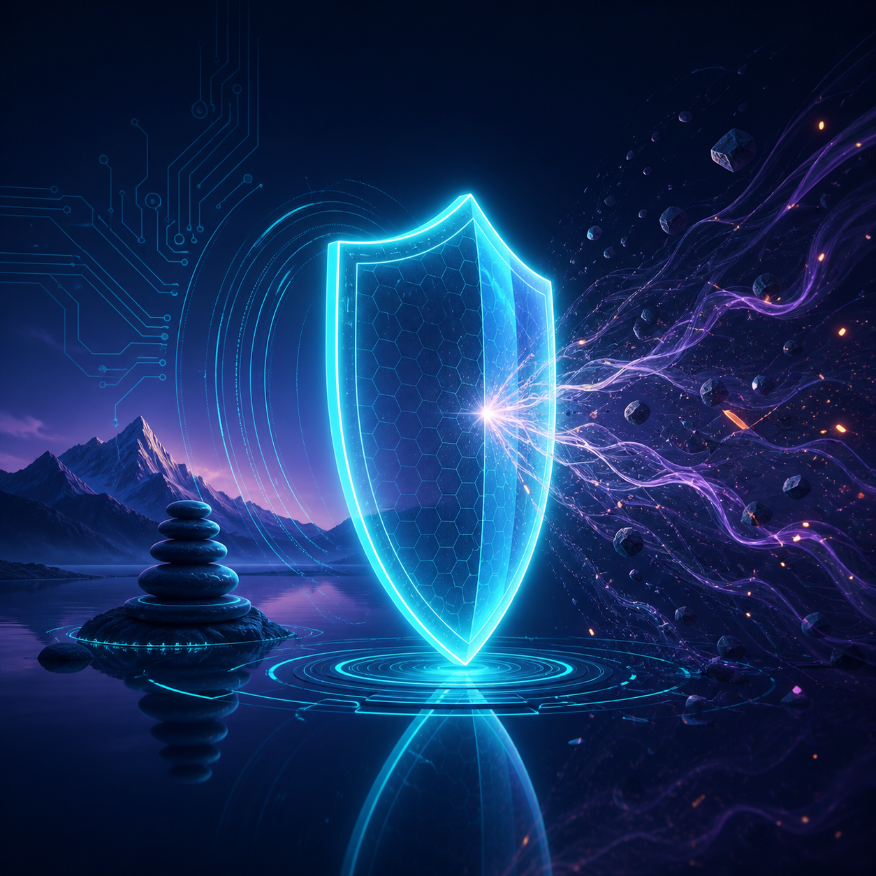 Icona 3D minimalista in stile "Tech-Zen". Uno scudo energetico trasparente illuminato di ciano neon (#00F2FF) che respinge onde di caos, su sfondo blu notte (#0B1635). Nessun libro.