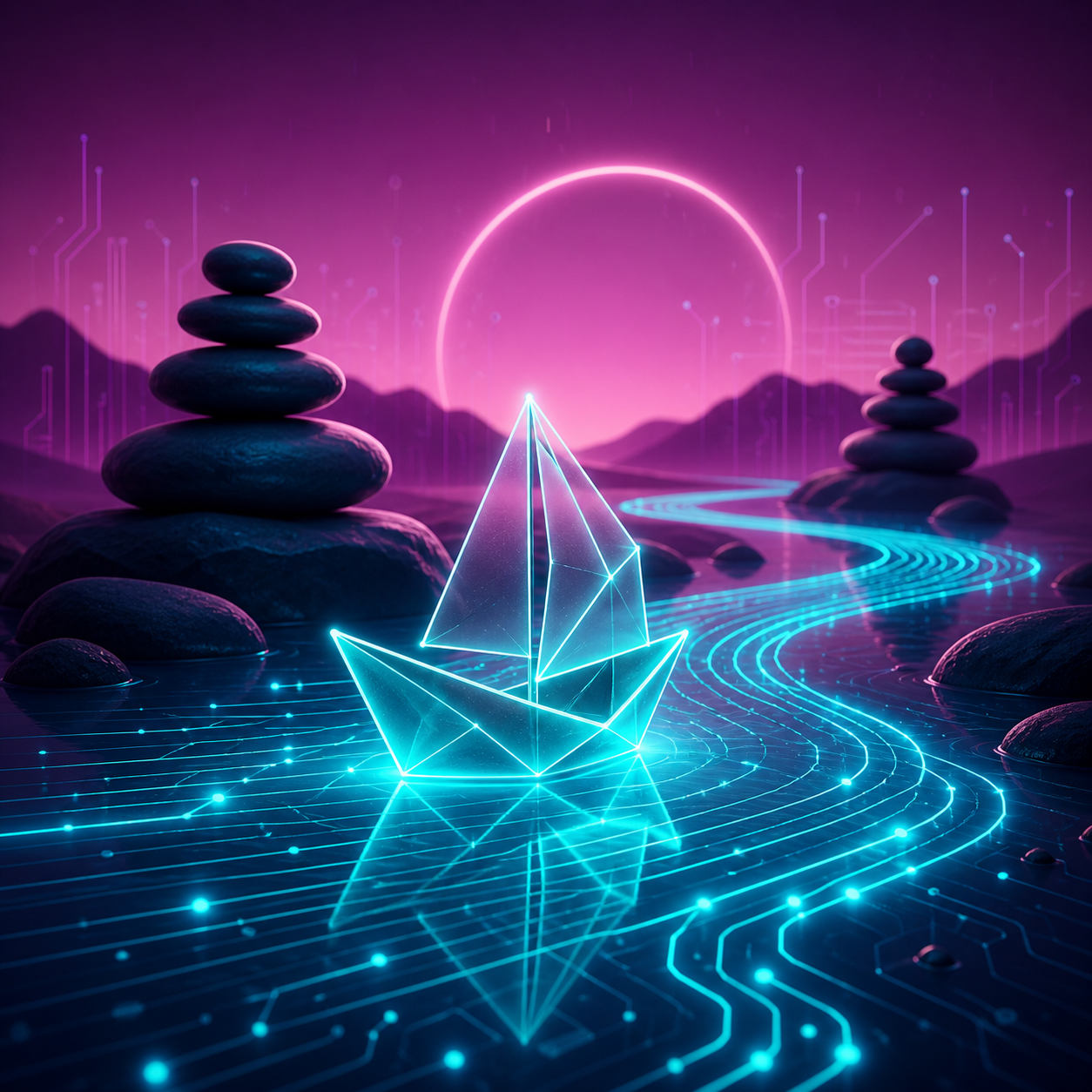 Icona 3D minimalista. Una barca di luce geometrica che naviga dolcemente su un fiume di dati digitali ciano neon (#00F2FF), pietre zen sullo sfondo, atmosfera magenta. Nessun libro.