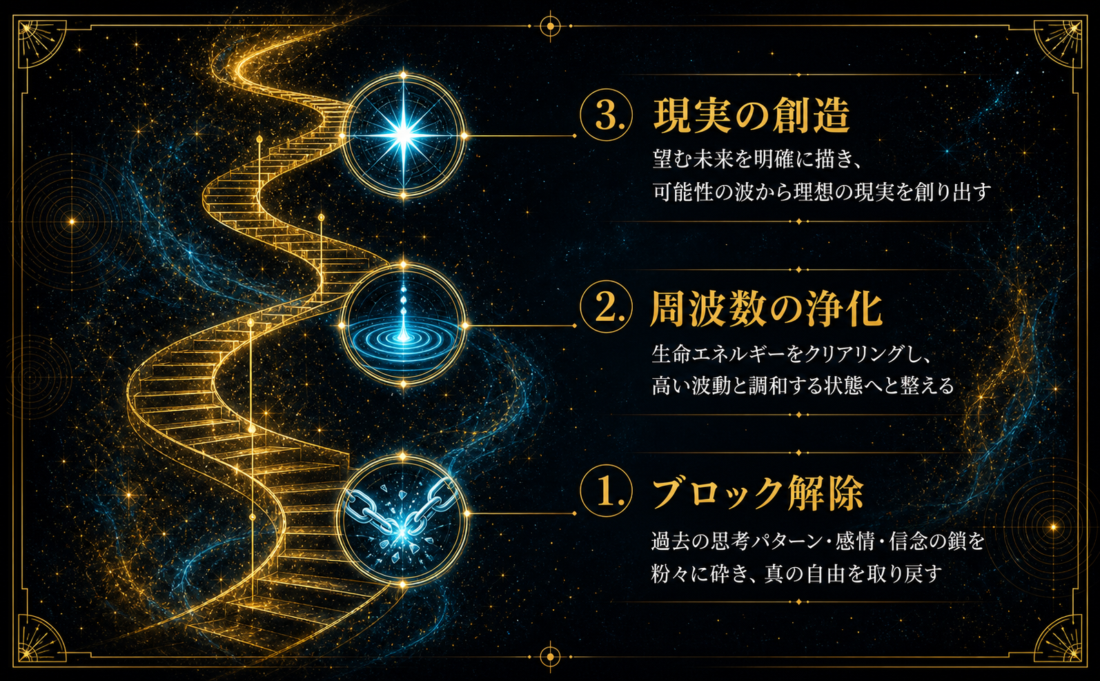 【ビジュアル・スタイル仕様書：トランサーフィンと罪悪感】
1. COLOR PALETTE
Primary (背景): #02060B (ディープナイトブラック)
Secondary (輝き): #D4AF37 (メタリックゴールド)
Accent (エネルギー): #00A3CC (エレクトリックシアン)
Text (基本): #FFFFFF (ピュアホワイト)
2. ICON STYLE
発光する繊細なラインアート、または透明感のある3Dスタイル。光を放つミニマルなデザイン。
3. BACKGROUND STYLE
宇宙的な星雲（ネブラ）、深みのある黒から紺へのグラデーション、微細な幾何学模様のテクスチャ。
4. MOOD/ATMOSPHERE
神秘的かつ力強い「覚醒」のトーン。静寂の中にある生命エネルギーの解放と超越。
5. TYPOGRAPHY STYLE
タイトル：太く格式高い明朝体（モダンな筆致）。
本文：エレガントで可読性の高い細身の明朝体。
6. DECORATIVE ELEMENTS
極細のゴールドフレーム、浮遊する光の粒子（パーティクル）、神聖幾何学的な円形ライン。
7. DO NOT (禁止事項)
原色、ポップなイラスト、平面的（フラット）な背景、カジュアルなフォント、散らかったレイアウト。

【画像内容】
覚醒へのロードマップを示すインフォグラフィック。深い黒の背景に、メタリックゴールドの極細ラインで描かれた上昇する美しい螺旋階段。階段に沿って3つの光るエレクトリックシアンのアイコンを配置。下から順に、1.「粉々に砕け散る鎖（ブロック解除）」、2.「光り輝くエネルギーの波紋（周波数の浄化）」、3.「光を放つ頂点の星（現実の創造）」。各アイコンの横に日本語でラベルテキストを配置。全体に浮遊する光の粒子（パーティクル）が舞っている。本、書籍、表紙の描写は一切禁止。