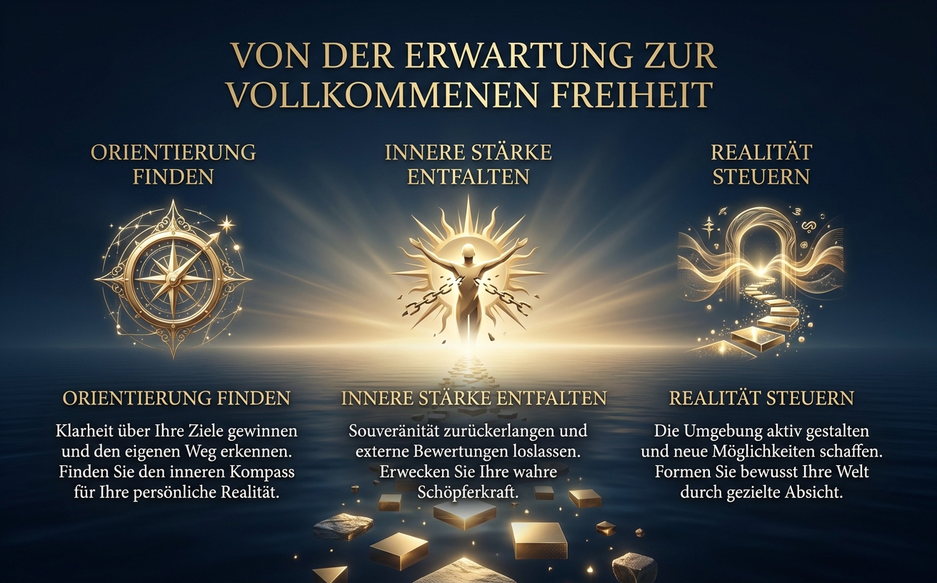 Visual Style Specification for A+ Content: Theme: TransSurfing, Reality Mastery, Spiritual Empowerment. Cinematic Style: Deep midnight blue (#0B162C) and metallic gold (#D4AF37) color scheme. Centralized lighting with a glowing horizon in champagne-gold (#FFF1A8). Environment: Calm dark water with reflections, vast atmospheric sky, mystical and serene. Key Elements: Ein leuchtender, goldener Pfad aus schwebenden geometrischen Steinplatten, der über das dunkle Wasser auf einen strahlenden Horizont zuführt. Eine einsame, aufrecht stehende Silhouette am Anfang des Pfades, die Stärke und Entschlossenheit ausstrahlt. Ethereal light rays, elegant 3D metallic textures. Photography: High contrast, wide-angle lens, symmetrical composition, premium professional look. Avoid: Flat design, bright neon colors, cartoonish elements, cluttered backgrounds, sans-serif fonts. Text im Bild in eleganter Serif-Schrift: "Von der Erwartung zur vollkommenen Freiheit".