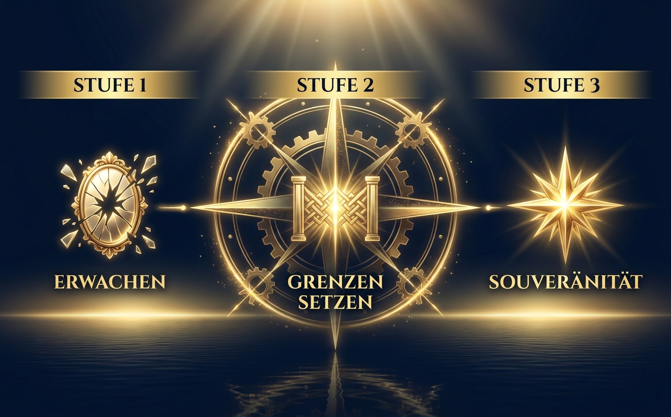 Visual Style Specification for A+ Content: Theme: TransSurfing, Reality Mastery, Spiritual Empowerment. Cinematic Style: Deep midnight blue (#0B162C) and metallic gold (#D4AF37) color scheme. Centralized lighting with a glowing horizon in champagne-gold (#FFF1A8). Environment: Calm dark water with reflections, vast atmospheric sky, mystical and serene. Key Elements: Eine elegante Infografik in Form eines leuchtenden, goldenen Kompasses, der sich in drei Entwicklungsstufen entfaltet. Stufe 1: Ein zerbrochener Spiegel (Erwachen). Stufe 2: Eine glühende goldene Barriere (Grenzen setzen). Stufe 3: Ein strahlender Stern (Souveränität). Ethereal light rays, elegant 3D metallic textures, glowing lines connecting the icons. Photography: High contrast, symmetrical composition, premium professional look. Avoid: Flat design, bright neon colors, cartoonish elements, cluttered backgrounds, sans-serif fonts. Text im Bild in eleganter Serif-Schrift: "Erwachen", "Grenzen", "Souveränität".