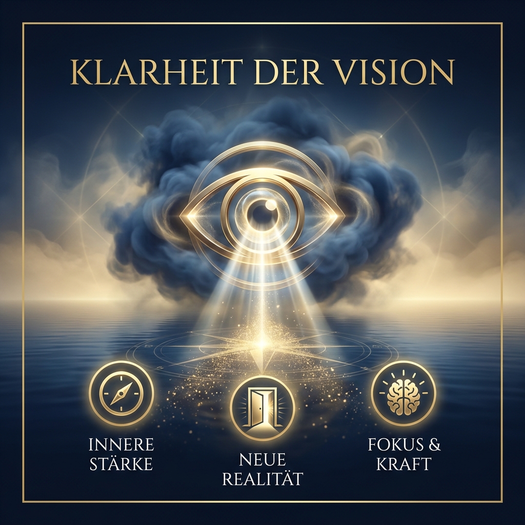 Visual Style Specification: Deep midnight blue (#0B162C) and metallic gold (#D4AF37). Ein schwebendes, goldenes Auge oder eine leuchtende Linse, die durch einen dichten Nebel blickt und einen klaren Lichtstrahl aussendet. Premium 3D render, glowing ethereal lines, ruhiges Wasser im Hintergrund. Kein Buch im Bild.