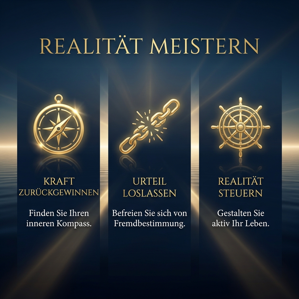 Visual Style Specification: Deep midnight blue (#0B162C) and metallic gold (#D4AF37). Ein filigranes, leuchtendes Steuerrad oder ein antikes Astrolabium aus glänzendem Gold, das über einer spiegelnden Wasseroberfläche schwebt. Champagner-goldenes Licht im Hintergrund. Premium 3D render. Kein Buch im Bild.