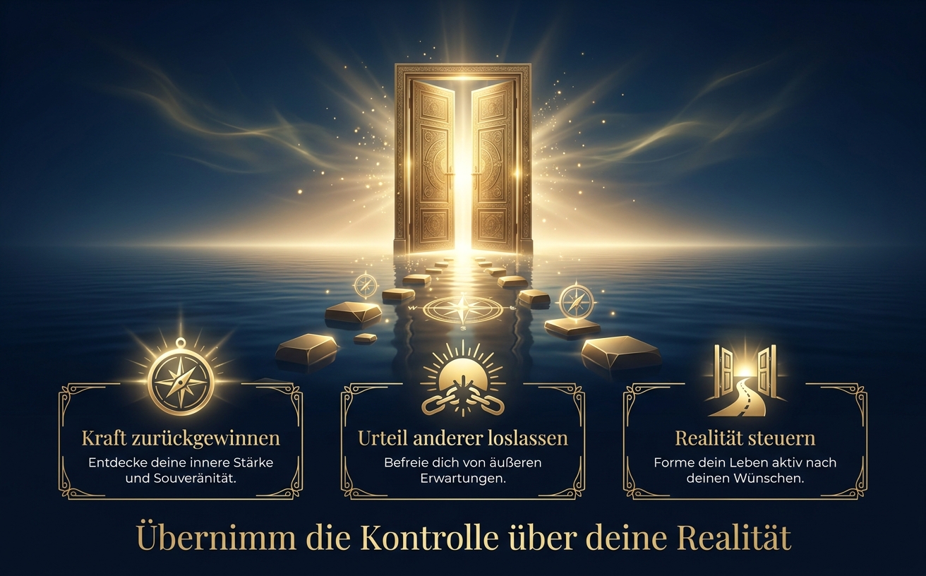 Visual Style Specification for A+ Content: Theme: TransSurfing, Reality Mastery. Cinematic Style: Deep midnight blue (#0B162C) and metallic gold (#D4AF37) color scheme. Glowing horizon in champagne-gold (#FFF1A8). Environment: Calm dark water, mystical and serene. Key Elements: Eine weit geöffnete, massive goldene Tür mit feinen Gravuren, die aus dem dunklen Wasser ragt und grelles, einladendes Licht ausstrahlt. Goldene Partikel schweben in der Luft. Eine Atmosphäre des Aufbruchs und der grenzenlosen Möglichkeiten. Ethereal light rays, elegant 3D metallic textures. Photography: High contrast, wide-angle lens, symmetrical composition, premium professional look. Avoid: Flat design, cartoonish elements, sans-serif fonts. Text im Bild in eleganter Serif-Schrift: "Übernimm die Kontrolle über deine Realität".