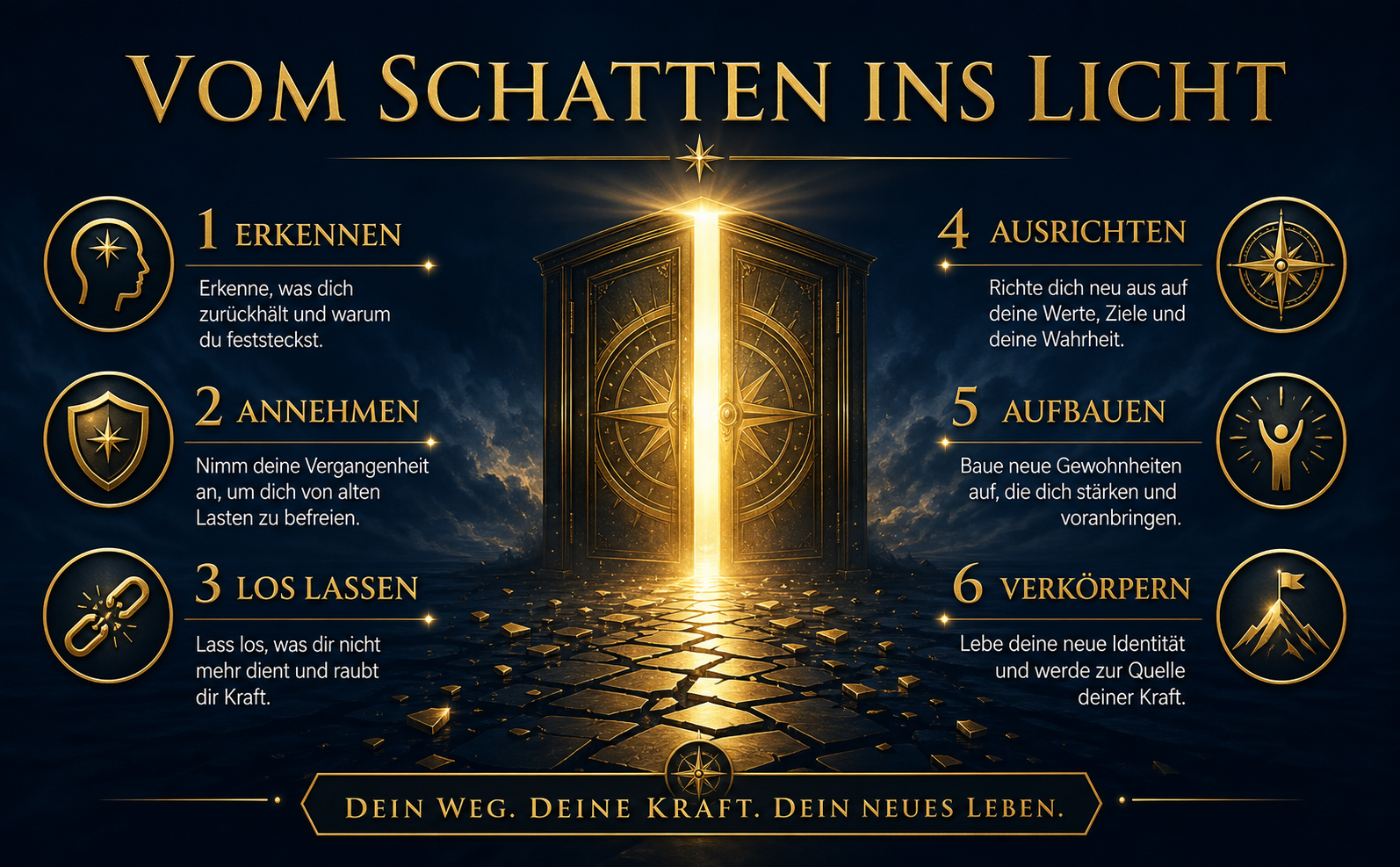 Ein episches, horizontales Banner (970x600). Farbpalette: Tiefes Nachtblau (#0A1525) als Hintergrund mit einem sanften, atmosphärischen Nebel und einer zentralen Lichtquelle. In der Mitte steht eine majestätische, leuchtend goldene Tür (#F9E27D), die sich einen Spalt breit öffnet und strahlendes Licht auf einen dunklen Pfad wirft. Im Vordergrund sind feine, matte Gold-Splitter (#D4AF37) auf dem Boden verteilt. Oben steht in klassischer, goldener Serif-Schrift (Trajan-Stil) der Text: "VOM SCHATTEN INS LICHT". Stimmung: souverän, mystisch und transformativ. Keine grellen Farben, kein Comic-Stil. Keine Bücher.