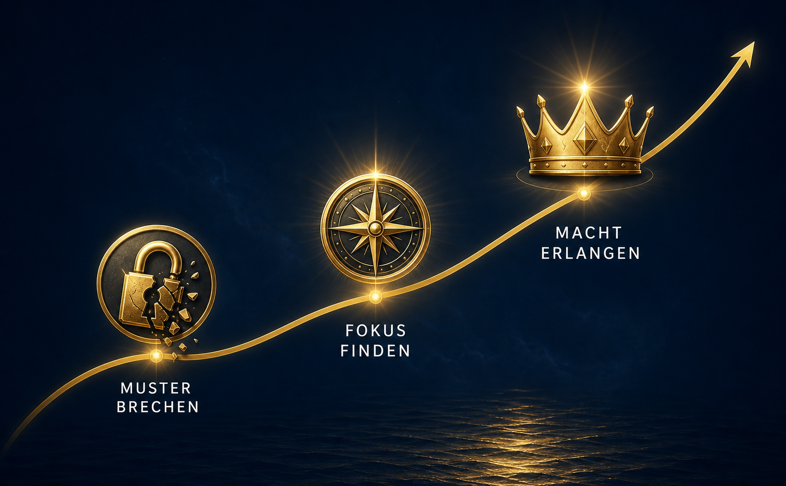 Eine professionelle Infografik (970x600) auf tiefem Nachtblau (#0A1525). Eine elegante, aufsteigende Kurve aus mattem Gold (#D4AF37) führt von links unten nach rechts oben. Entlang der Linie befinden sich drei edle 3D-Icons mit metallischem Gold-Finish: 1. Ein zerbrochenes Schloss (Text darunter in schmaler Sans-Serif, Weiß: "MUSTER BRECHEN"), 2. Ein leuchtender Kompass (Text: "FOKUS FINDEN"), 3. Eine strahlende Krone (Text: "MACHT ERLANGEN"). Subtile Lens Flares (#F9E27D) an den Knotenpunkten. Stimmung: mystisch, klar und souverän. Keine Bücher, keine Cover.