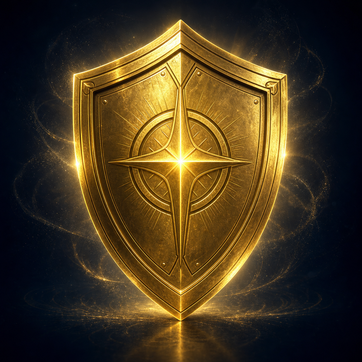 Edles 3D-Icon auf nachtblauem Grund (#0A1525): Ein massiver, goldener Schild (#D4AF37) mit feinen Gravuren, der ein sanftes, schützendes Licht (#F9E27D) ausstrahlt. Realistische Lichtreflexionen, dunkler Vignette-Rand. Keine Bücher.