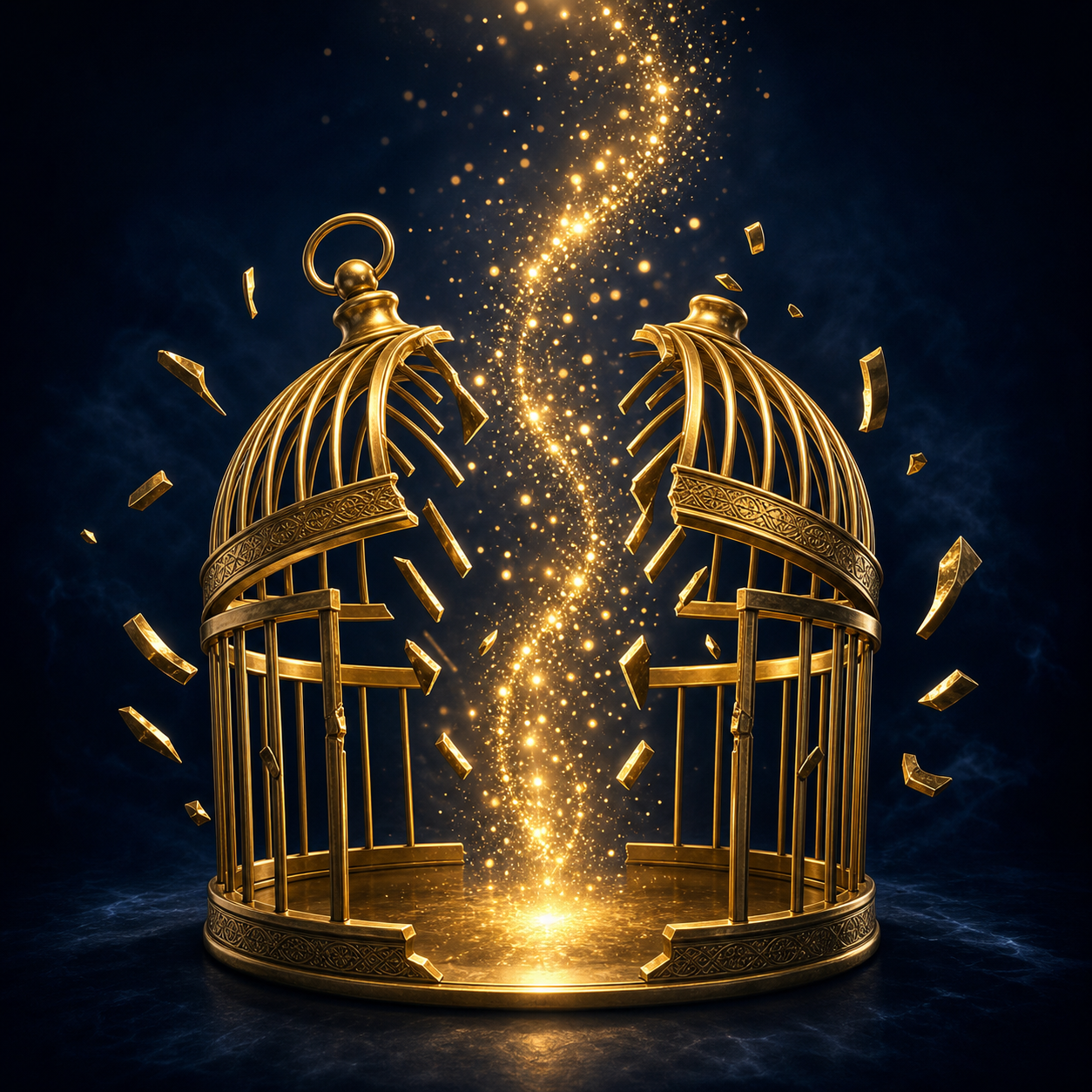Edles 3D-Icon auf nachtblauem Grund (#0A1525): Ein gesprengter goldener Käfig (#D4AF37), aus dem leuchtende, goldene Funken (#F9E27D) nach oben steigen. Majestätische, ruhige Stimmung, metallisches Finish. Keine Bücher.
