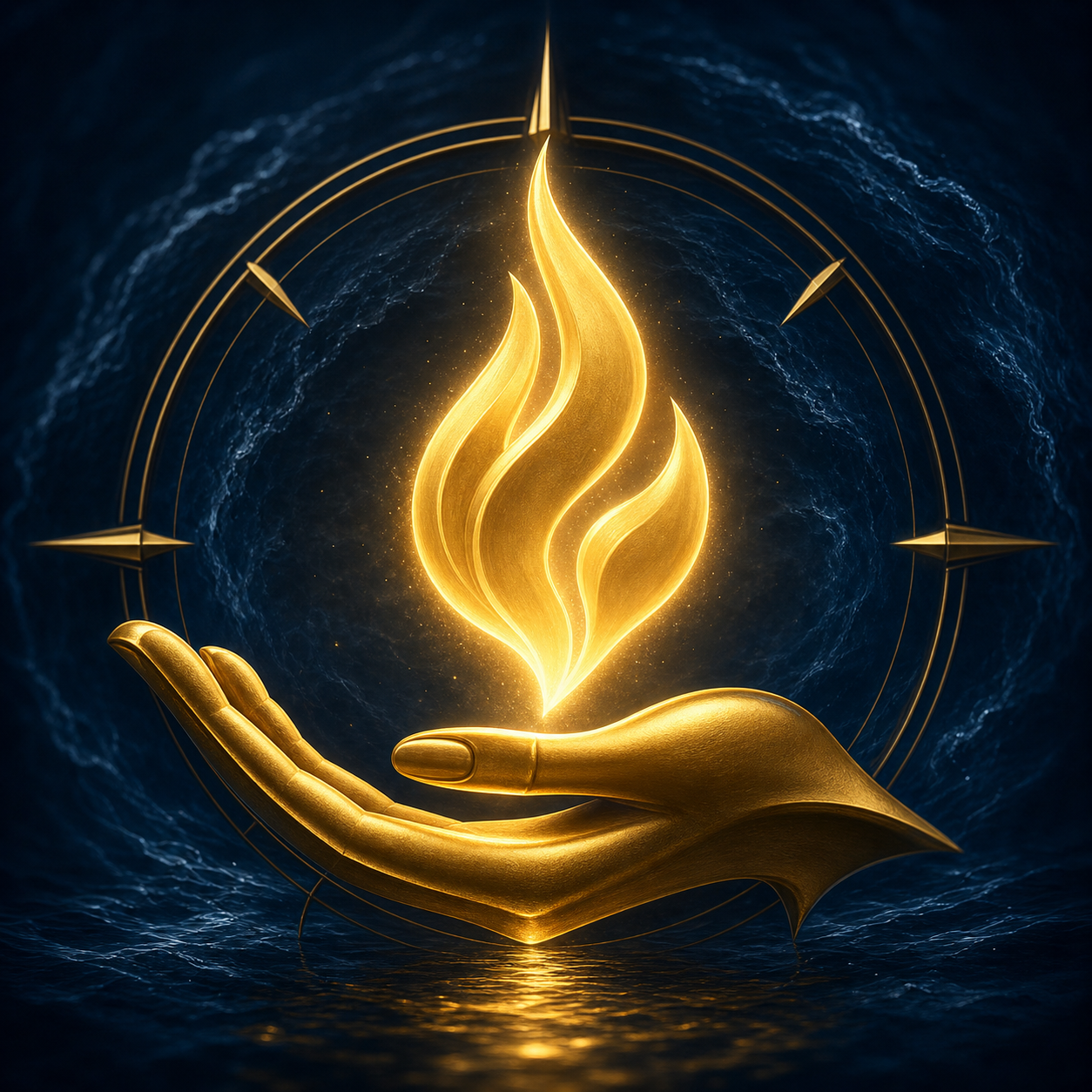 Edles 3D-Icon auf nachtblauem Grund (#0A1525): Eine leuchtende goldene Flamme (#F9E27D), die über einer geöffneten Handfläche (#D4AF37, abstraktes Design) schwebt. Subtile Wassertexturen im Hintergrund, tiefe Schatten. Keine Bücher.