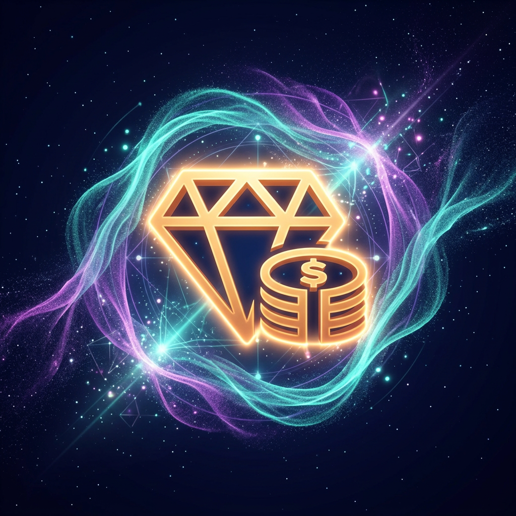 Square 300x300. 3D glowing golden orange (#E8C17F) abstract wealth/diamond icon surrounded by swirling teal (#5DD2BD) cosmic energy dust against a dark blue (#0A0A1F) starfield background. Elegant, mystical, high-end empowering design. No flat graphics.