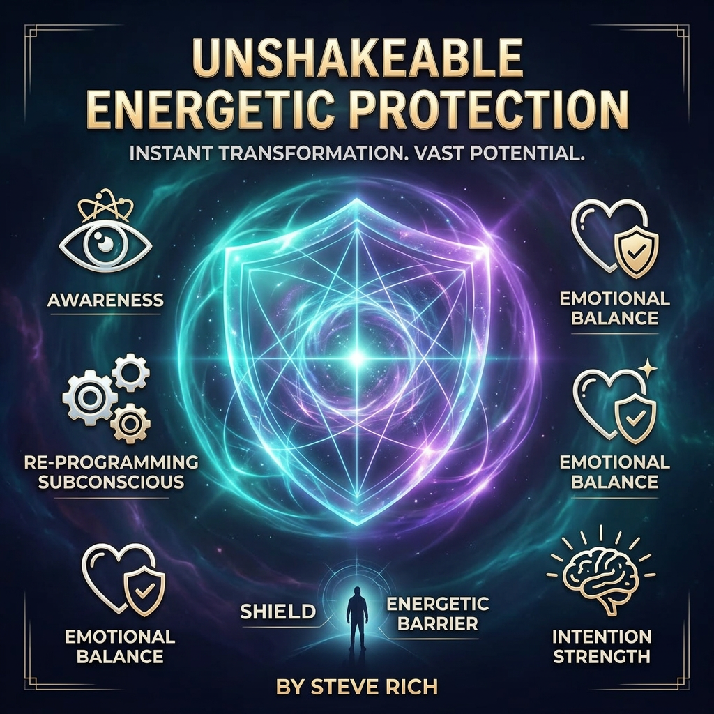 Square 300x300. Glowing 3D ethereal shield or aura in bright teal (#5DD2BD) and purple (#A060C0) pulsating in dark deep space (#0A0A1F), signifying unshakeable energetic protection. Futuristic, clean, subtle glow effects.