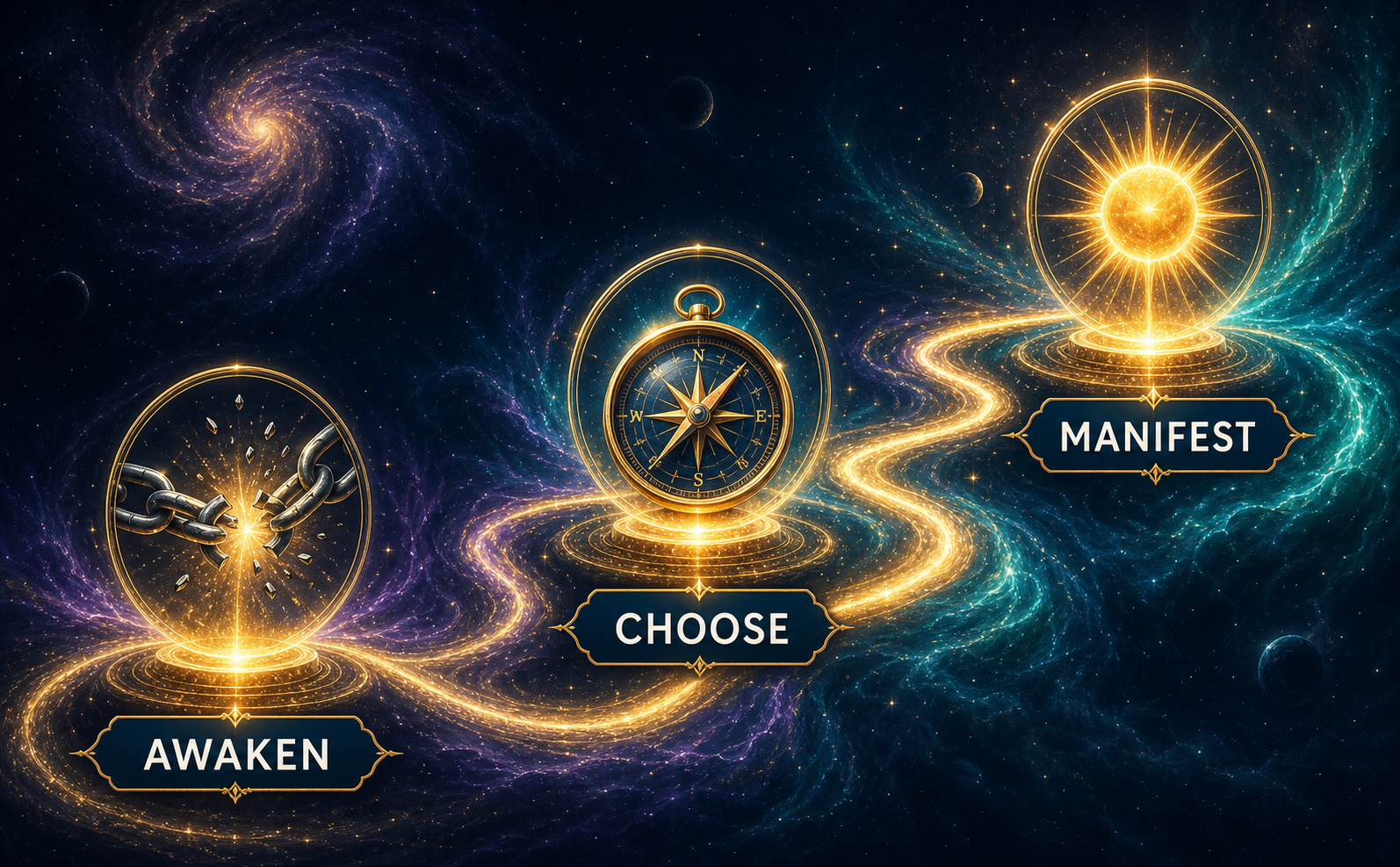 Landscape 970x600 infographic. A glowing ethereal roadmap winding through a deep dark blue (#0A0A1F) cosmic background. Three glowing 3D glassmorphism icons mark the path: 1. A shattered chain, 2. A glowing compass, 3. A radiant golden sun. Swirling purple (#A060C0) and teal (#5DD2BD) energy particles surround the path. Clean sans-serif text labels in English: 'AWAKEN', 'CHOOSE', 'MANIFEST'. No books, no covers.