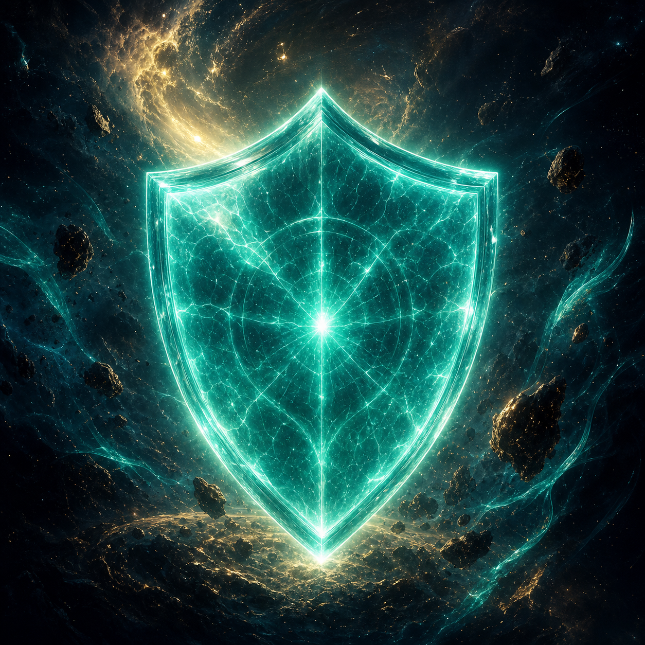 A semi-realistic 3D glowing shield made of teal (#5DD2BD) light, floating in a dark cosmic void, representing mental protection. No books.