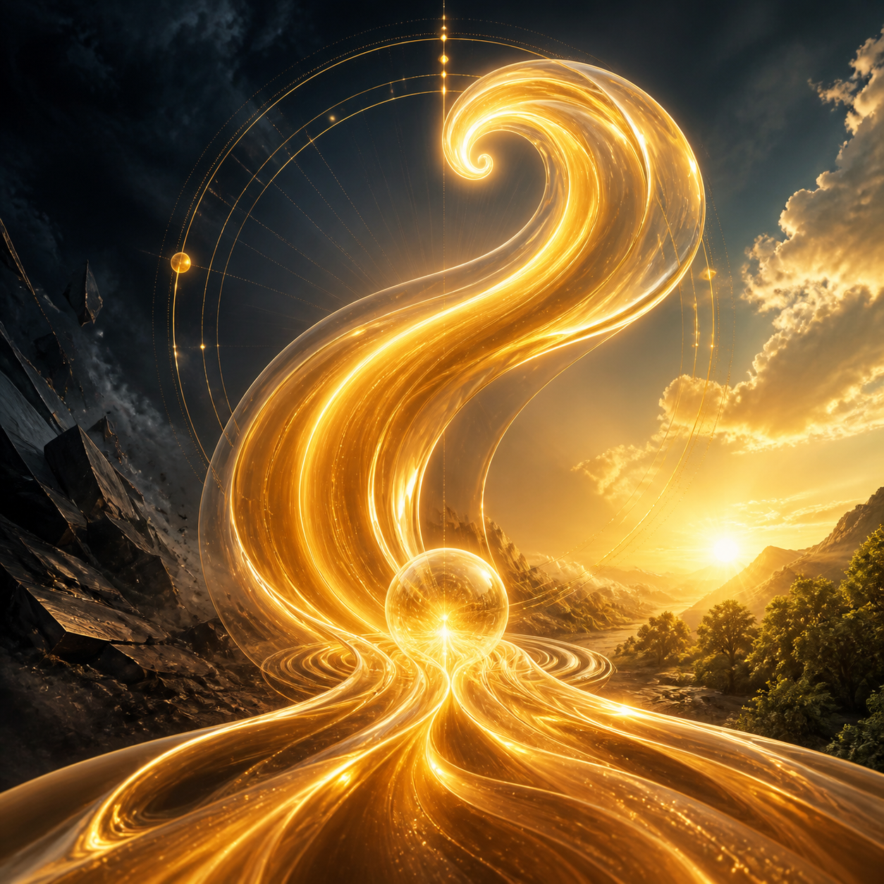 A 3D glassmorphism wave of golden orange (#E8C17F) energy flowing smoothly upward, symbolizing effortless momentum. No books.