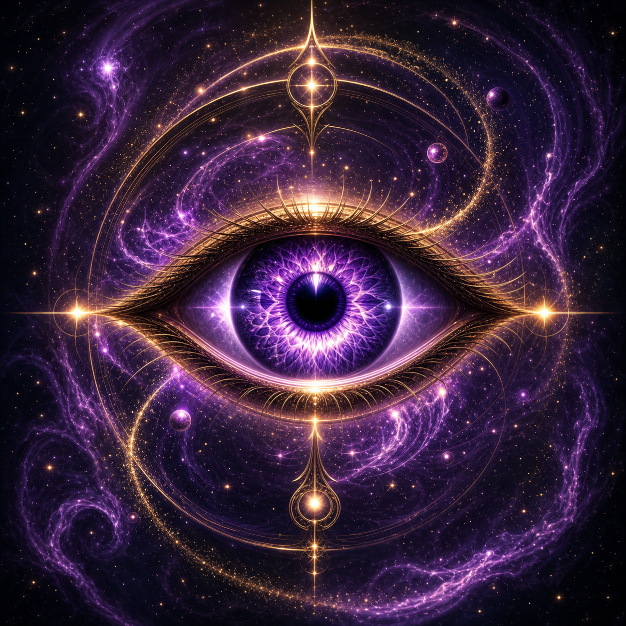 A glowing ethereal eye surrounded by swirling purple (#A060C0) cosmic particles, looking forward, representing absolute vision. No books.