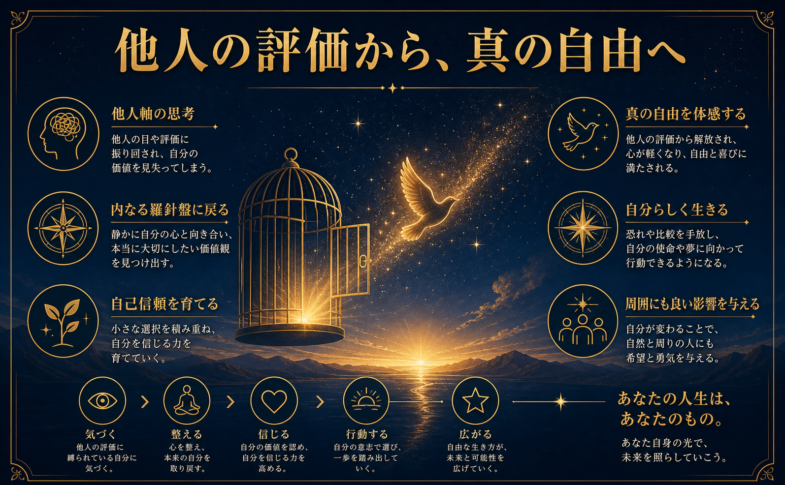 宇宙的な深い紺色（#0A1931）と夜明け前の青（#1E3A5F）のグラデーション背景。中央に、鳥籠の扉が開き、黄金の光（#C5A059）を放つ一羽の鳥が広大な星空へと飛び立つシルエット。ミニマルでエレガントな線画スタイル。上部には太字の明朝体でゴールド加工された日本語テキスト「他人の評価から、真の自由へ」が配置されている。神秘的で精神的な解放を感じさせるシネマティックな構図。本や表紙の描写は一切なし。