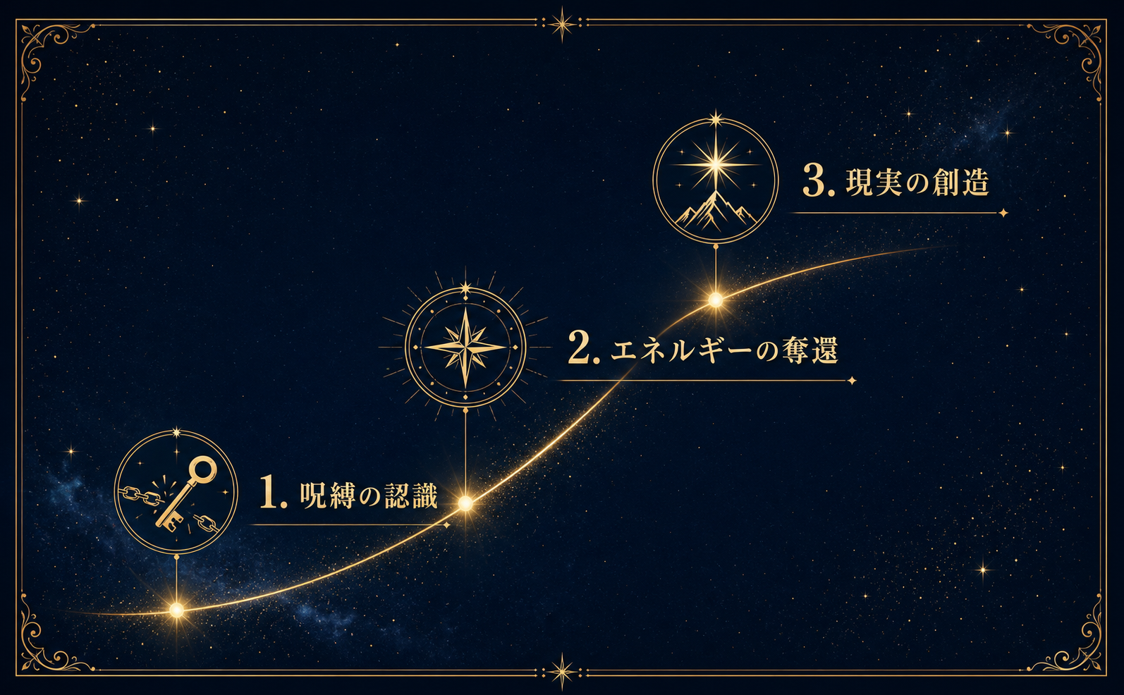 深い紺色（#0A1931）を背景にした、エレガントなインフォグラフィック。下から上へ向かう緩やかな黄金の曲線（#C5A059）が描かれ、3つの光るポイントがある。各ポイントにはミニマルなゴールドのアイコンが配置されている：1つ目は「鎖が外れる鍵」、2つ目は「内なる光を放つ羅針盤」、3つ目は「頂上で輝く星」。各アイコンの横には、エレガントな明朝体で「1. 呪縛の認識」「2. エネルギーの奪還」「3. 現実の創造」という日本語ラベルがある。星空のテクスチャとシャンパンゴールド（#F4E4C1）の繊細な光の粒子が全体を包み込む。本や表紙の描写は一切なし。