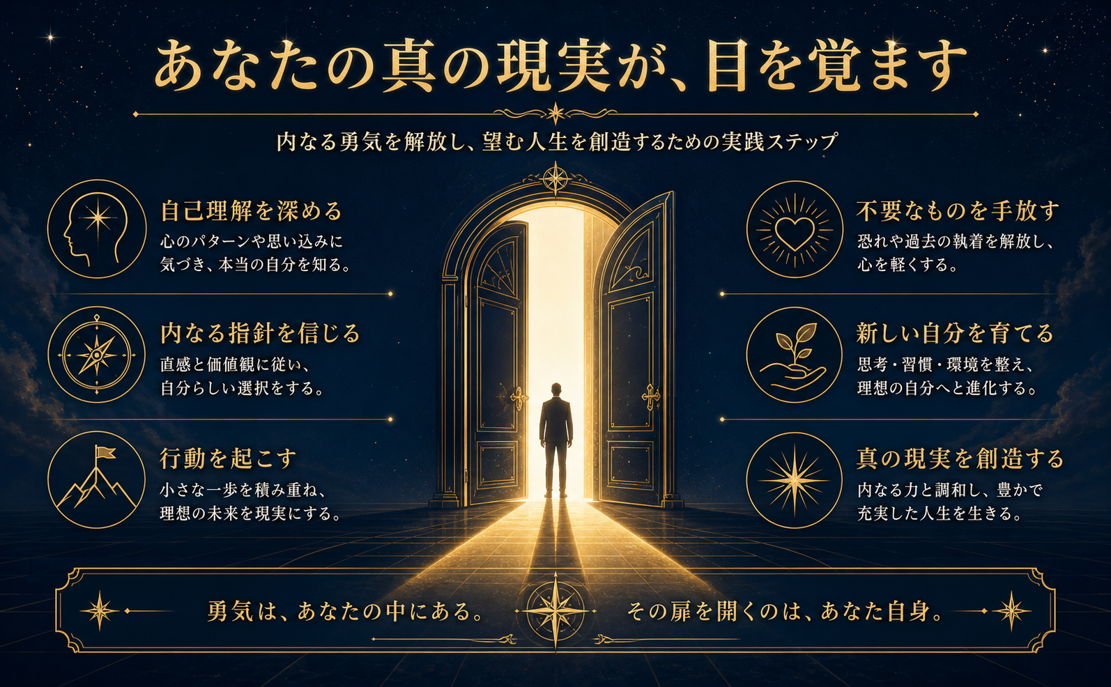 深い宇宙の紺（#0A1931）を背景に、少しだけ開かれた巨大な黄金の扉（#C5A059）のミニマルなイラスト。扉の隙間からは、シャンパンゴールド（#F4E4C1）の眩い光が溢れ出し、手前の暗い床に光の道を作っている。上部にはエレガントな明朝体で「あなたの真の現実が、目を覚ます」という日本語テキストがゴールド加工で輝いている。神秘的で、未来への希望と行動を促すシネマティックな構図。本や表紙の描写は一切なし。