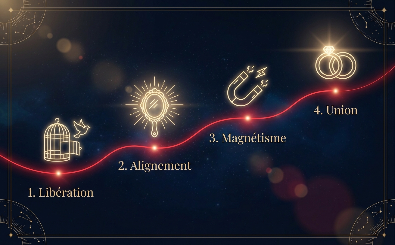 Infographie marketing de style Luminous Line Art. Fond dégradé céleste bleu nuit (#0B162C) avec poussière d'étoiles. Un fil rouge brillant (#FF2D46) trace un chemin sinueux ascendant reliant 4 étapes. Icônes minimalistes dorées (#E8CE9D) : 1. Une cage ouverte, 2. Un miroir rayonnant, 3. Un aimant, 4. Deux anneaux entrelacés. Textes en français en police serif Or : "1. Libération", "2. Alignement", "3. Magnétisme", "4. Union". Atmosphère mystique et haut de gamme. Haute résolution, format paysage 970x600.