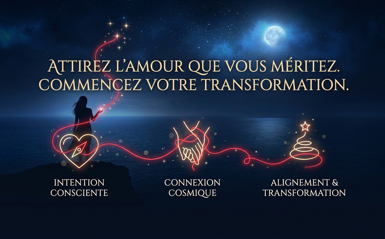 Image cinématographique puissante, fond océan nocturne sous la lune (#0B162C). Une silhouette de femme de dos regardant l'horizon étoilé, un fil rouge lumineux (#FF2D46) s'élevant de sa main vers les étoiles. Éclairage mystique bleu lunaire (#A5C9FF). Texte majestueux au centre en police serif Or Champagne (#E8CE9D) : "Attirez l'amour que vous méritez. Commencez votre transformation.". Design épuré, émotionnel, incitant fortement à l'action. Format paysage 970x600.
