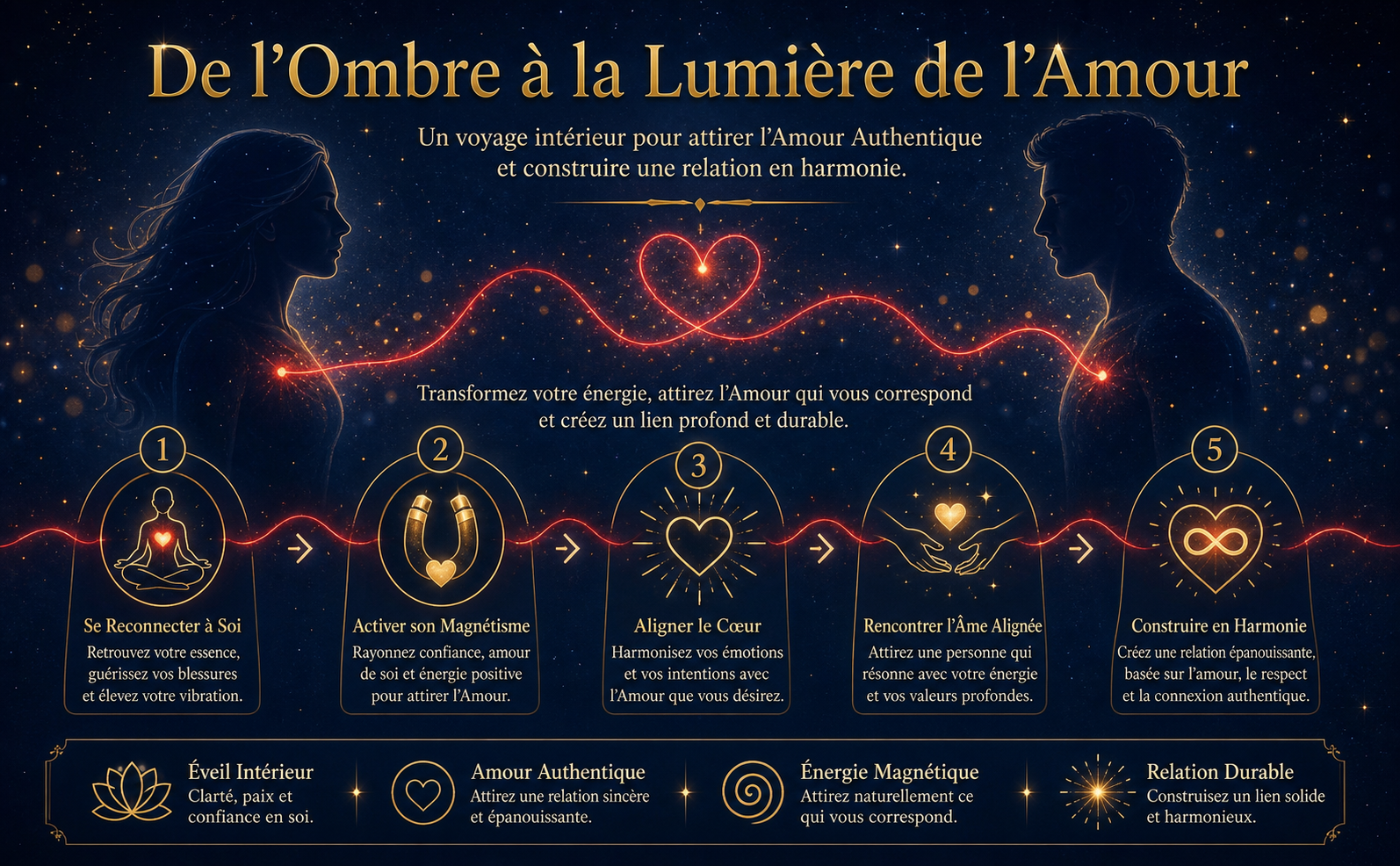 Une scène de style marketing avec une esthétique mystique et romantique. Un ciel étoilé bleu nuit profond (#0B1A3D) avec un fil rouge lumineux fluide (#E6323E) qui relie deux silhouettes éthérées et sereines. Des particules de lumière dorées (bokeh) flottent autour. Titre en typographie serif dorée (#D4AF37) élégante : "De l'Ombre à la Lumière de l'Amour". Pas d'objets physiques, ambiance de connexion spirituelle et de magnétisme.