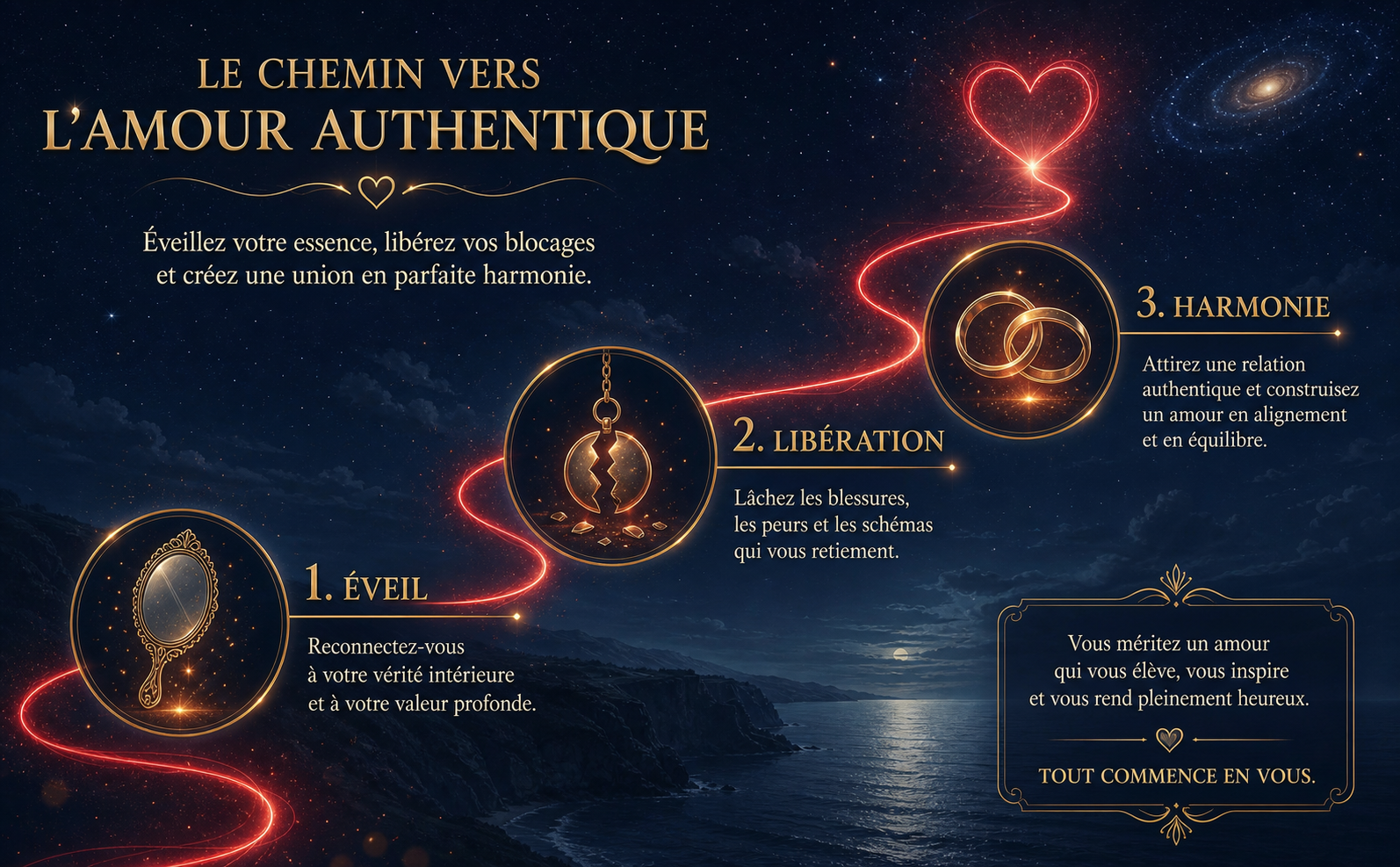 Infographie de style marketing sur fond cosmique bleu nuit (#1A2238). Un chemin lumineux tracé par un fil rouge éclatant (#E6323E) menant vers le haut. Trois étapes marquées par des icônes minimalistes avec une lueur interne : un miroir, un pendule brisé, et deux anneaux entrelacés. Étiquettes en français avec typographie classique dorée (#D4AF37) : "1. Éveil", "2. Libération", "3. Harmonie". Ambiance raffinée, particules lumineuses subtiles.