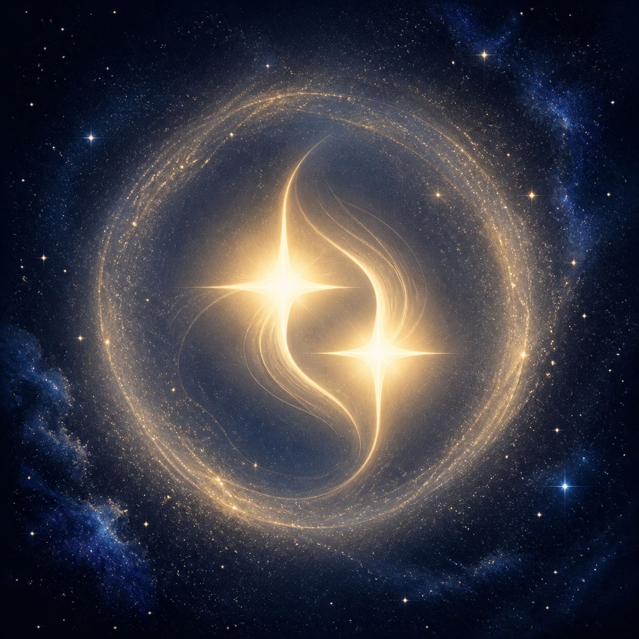 Icône minimaliste de deux étincelles de lumière fusionnant harmonieusement, entourées d'un halo mystique crème doux (#F5F5DC). Fond bleu nuit cosmique.