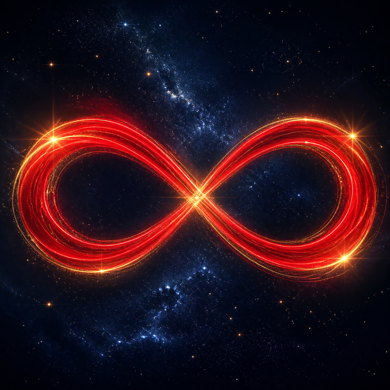 Icône minimaliste d'un symbole de l'infini formé par un fil rouge lumineux (#E6323E) avec des reflets dorés. Fond stellaire profond.