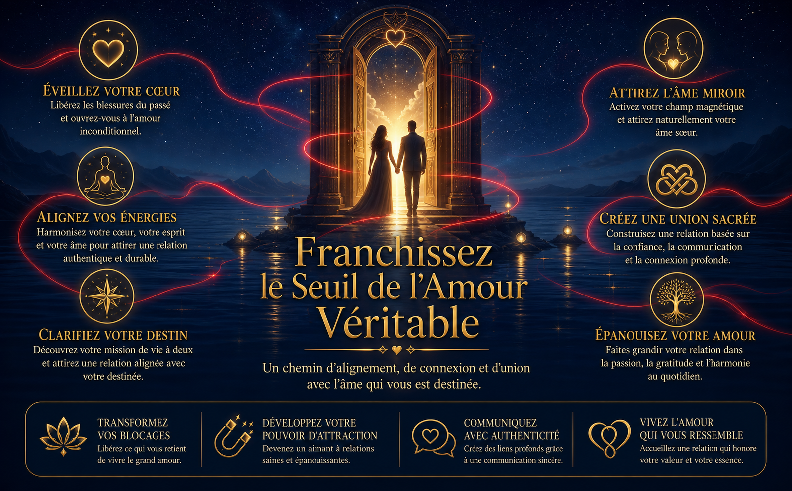 Image aspirationnelle de style marketing. Un paysage nocturne onirique (mer calme reflétant un ciel étoilé) en bleu nuit (#0B1A3D). Au centre, un grand portail lumineux ouvert, entouré de fils rouges fluides (#E6323E) et de reflets dorés (#D4AF37). Texte accrocheur au centre en typographie serif élégante : "Franchissez le Seuil de l'Amour Véritable". Ambiance magnétique et mystique.