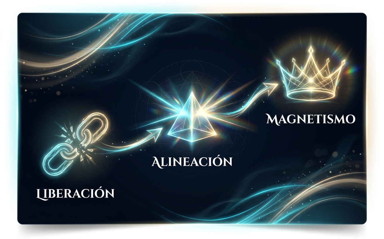 Visual Style Guide [TRANSURFING-FRAILING]: Color Palette: Deep Navy #050B14, Electric Cyan #48CAE4, Champagne Gold #C5A059, Pure White #FFFFFF. Atmosphere: High-end, mystical-professional. Background: Dark ethereal gradients with fluid light trails. Infografía de proceso con 3 pasos ascendentes. Iconography: Glowing line-art, translucent glass effect. Paso 1: Icono de una cadena rompiéndose (Texto en español: "LIBERACIÓN"). Paso 2: Icono de un prisma irradiando luz cian (Texto en español: "ALINEACIÓN"). Paso 3: Icono de una corona etérea o halo dorado (Texto en español: "MAGNETISMO"). Conectados por una estela de luz fluida. Typography: Elegant Serif for headers, clean Sans-serif for labels. Restrictions: NO warm saturated colors, NO flat/cartoonish styles, NO heavy drop shadows. Landscape 970x600.