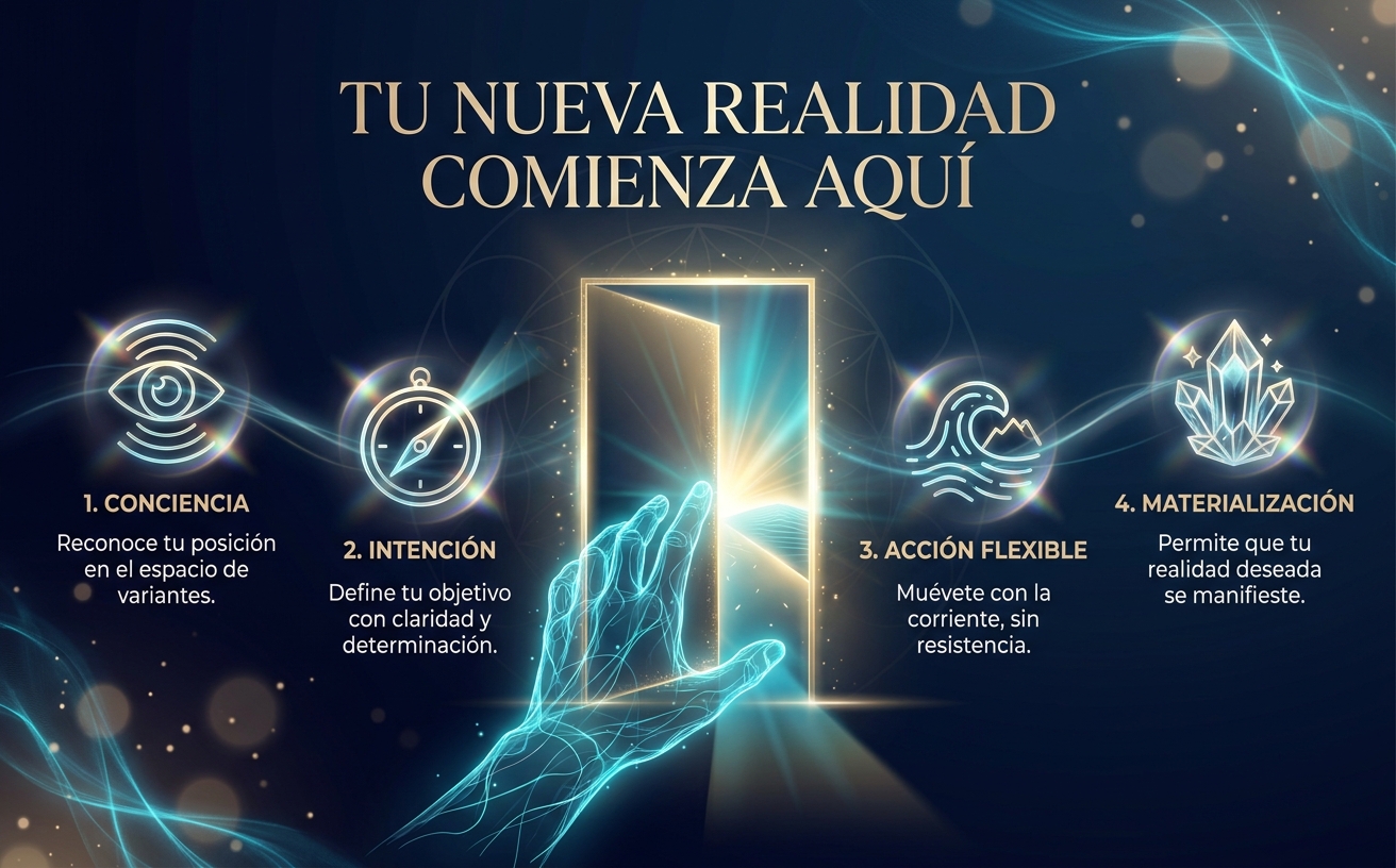 Visual Style Guide [TRANSURFING-FRAILING]: Color Palette: Deep Navy #050B14, Electric Cyan #48CAE4, Champagne Gold #C5A059, Pure White #FFFFFF. Atmosphere: High-end, mystical-professional, cinematic lighting. Background: Dark ethereal gradients with a bright horizon line of champagne gold light. Texto principal en español (Tipografía Serif elegante, mayúsculas): "TU NUEVA REALIDAD COMIENZA AQUÍ". Composición: Una mano abstracta hecha de líneas de luz cian abriendo una puerta brillante hacia el éxito, invitando al lector a dar el paso. Restrictions: NO warm saturated colors, NO flat/cartoonish styles, NO cliché corporate office settings. Landscape 970x600.