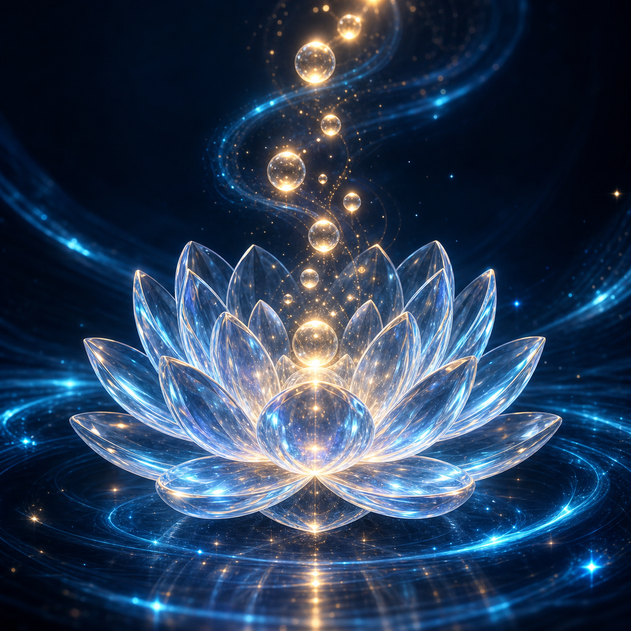 Icono 3D de un loto de cristal brillante atrayendo suaves esferas de luz dorada. Estilo glassmorphism, bordes suaves. Fondo oscuro Azul Noche #0A1628 con sutiles destellos Cian Eléctrico #4FB3E8. Sofisticación magnética.