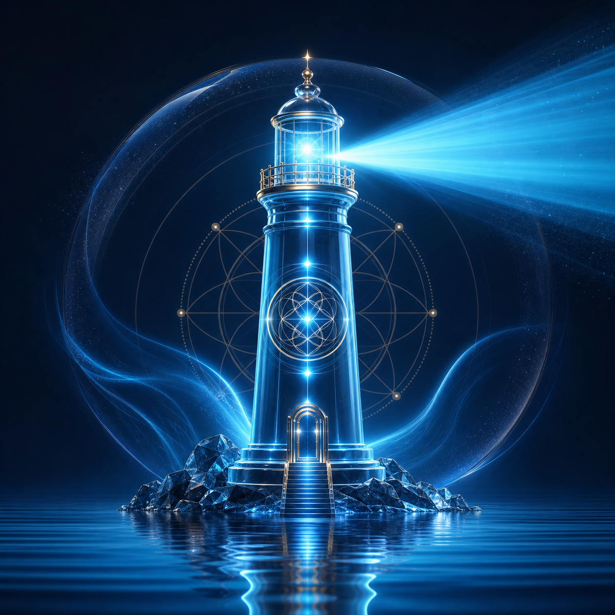 Icono 3D de un faro estilizado emitiendo un haz de luz Cian Eléctrico #4FB3E8 sobre aguas en calma. Estética sofisticada, geometría sagrada, fondo Azul Noche #0A1628. Serenidad autoritaria.