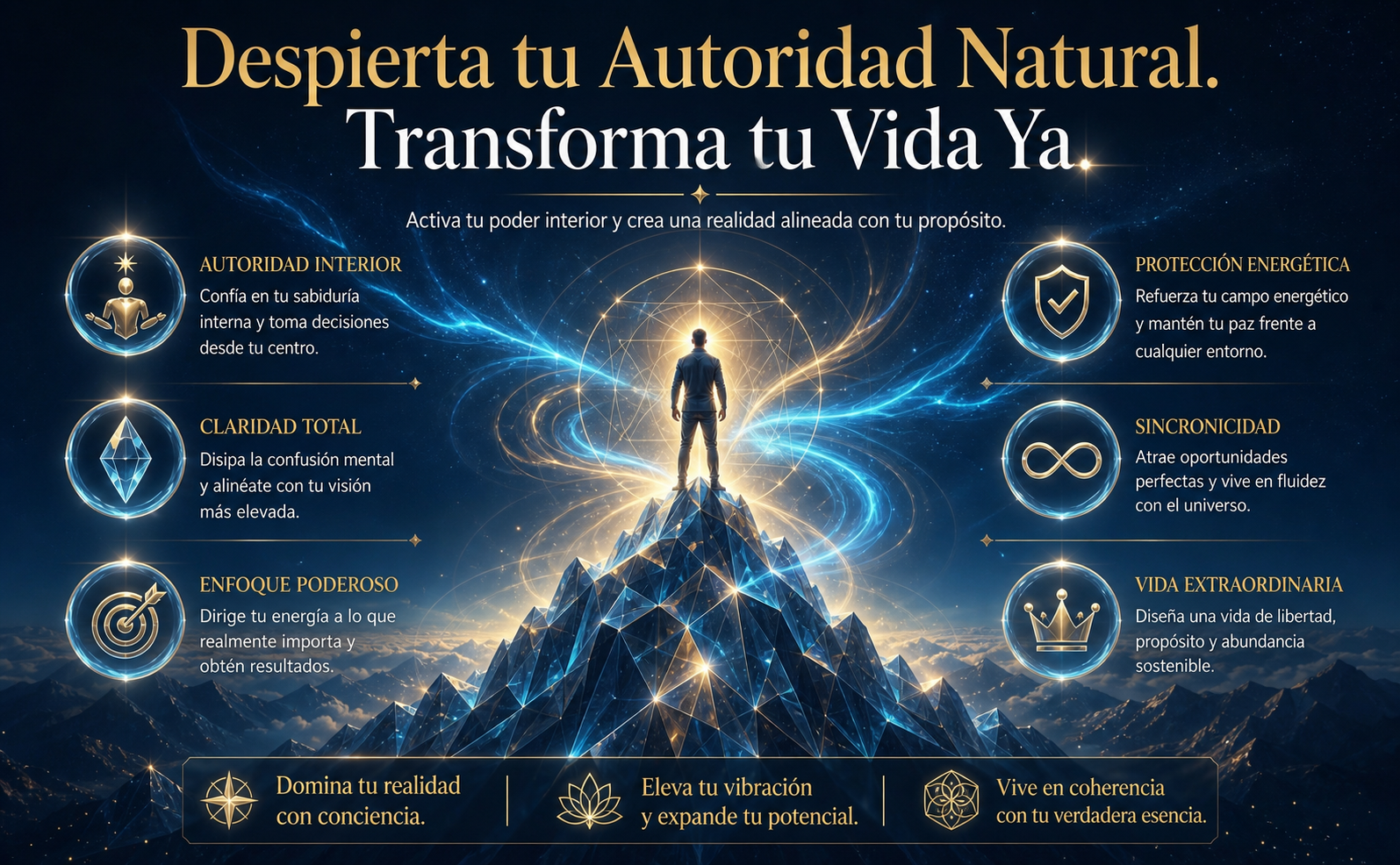 Imagen apaisada 970x600. Escena aspiracional abstracta: Una figura humana de pie en la cima de una montaña geométrica de cristal, irradiando un aura de luz dorada #C5A059 y cian eléctrico #4FB3E8 bajo un cielo estrellado Azul Noche #0A1628. Título visual grande y elegante en fuente Serif clásica: "Despierta tu Autoridad Natural. Transforma tu Vida Ya." Estilo místico moderno, sofisticación magnética, sensación de éxito sin esfuerzo. Sin elementos de libros, sin portadas, diseño limpio y de alto impacto emocional.